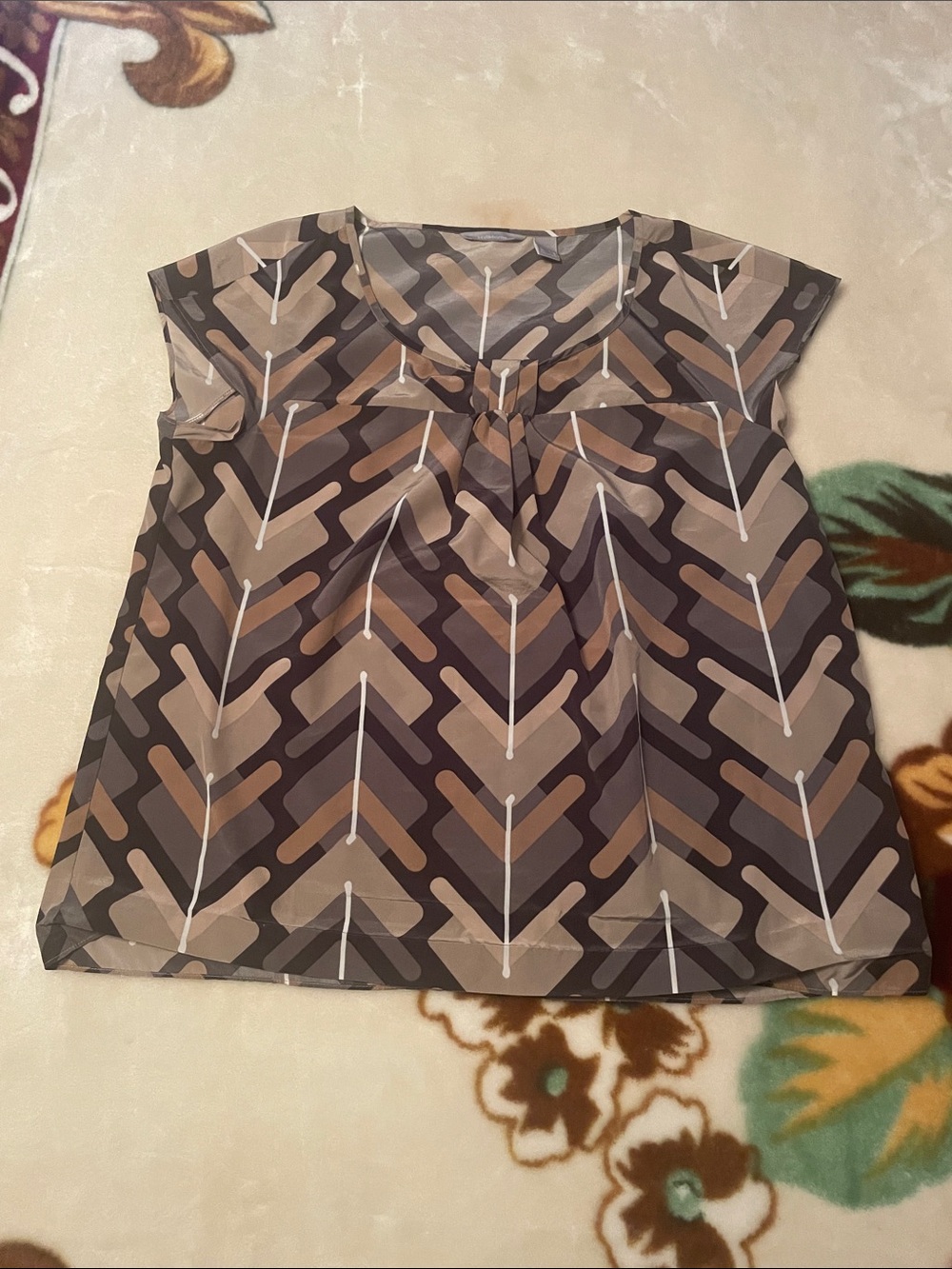 Liz Claiborne Brown & Taupe Geometric Cap-Sleeve Blouse Size Large